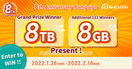Campaign/Win 8TB for 8 years! Combined total of 8888GB gifts